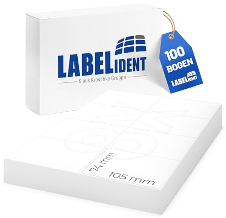 Labelident Klebeetiketten 105 x 74 mm - 800 selbstklebende Etiketten auf 100 DIN A4 Bögen I Universal-Etiketten für zuverlässige Kennzeichnungen I Paper Labels für Laserdrucker & Inkjet