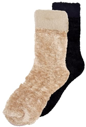Heat Machine damer 2 par mysiga strumpor i chenille – mjuka fluffiga strumpor i loungesäng presentset stay-up manschetter, Svart mocka brun, 4/8 UK