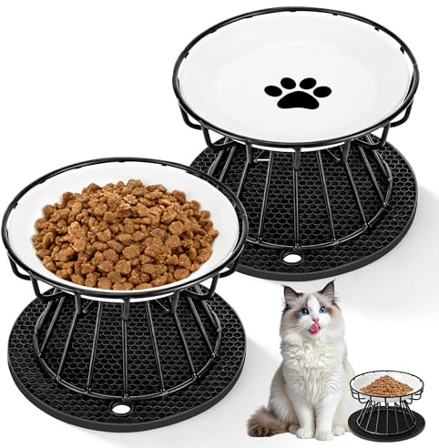 Staranry 2 Cuencos de Comedero Gato Elevado con Soporte y Alfombrilla Antideslizante, Comedero Gatos para Protección Cervical, Comedero Elevado Gato para Gatos y Perros Pequeño