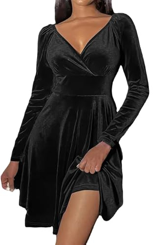 Mini Robe Femme Manches Longues Col V Chic et Elegant Robes Manches Lanternes D'été et Hiver A-Line Casual Robe Casual pour Fête Noël Mariage Sweatshirt Jupe Femme Chic Hiver (Z5 Noir,L)