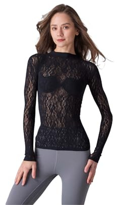 QM Maglia da Donna in Pizzo Traforato, Top Aderente a Maniche Lunghe,Taglia Unica, Colore Nero, Stile Elegante (61956)
