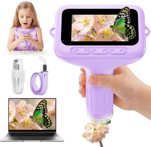 ASPOVEN Microscopio Digitale per Bambini 1000X, Microscopio Portatile Bambini con Schermo HD da 3,0 Pollici, Funzione Fotografica e Compatibilità PC per Giardini, Boschi e Attività all'Aperto (Viola)
