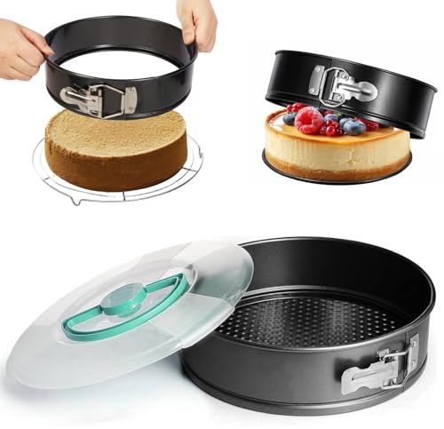 Springform 24 cm rund med lock, Ø 24 cm rund bakform, nonstick kakform med avtagbar platt botten, bärbar tårtform, kakform med non-stick-beläggning för ostkaka, kexkaka och desser