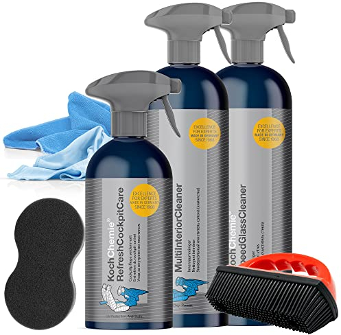 detailmate Fahrzeug Innenreinigung Set: Koch Chemie Refresh Cockpit Care 0,5L + Multi Interior Cleaner 0,75L + Speed Glass Cleaner 0,75L - Applikationsschwamm - Gummibürste - Mikrofasertuch