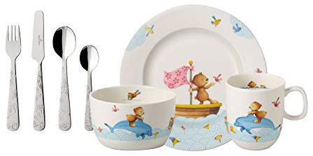 Villeroy & Boch - Happy as a Bear, 7 piezas Servicio de mesa infantil, Porcelana Premium/Acero inoxidable, Apto para lavavajillas, Blanco/colorido