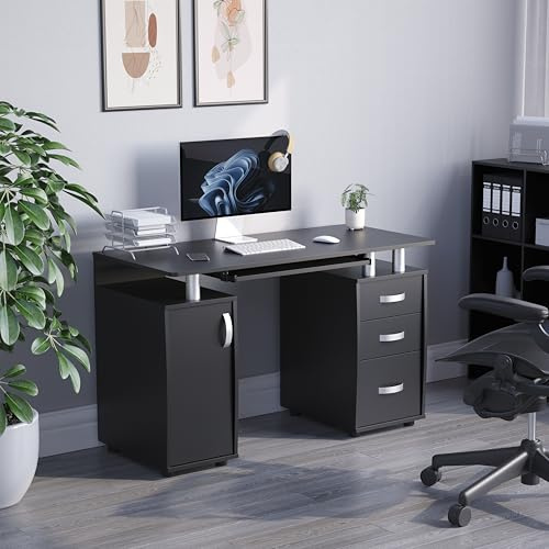 Vida Designs Otley Computer Desk with Shelves and 3 Drawers, Home Office PC/Laptop Gaming Table, Study Workstation with Keyboard Tray, Furniture, Black