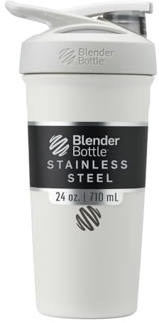 BlenderBottle Strada Shaker Cup Insulated Stainless Steel Water Bottle with Wire Whisk, 24-Ounce, White