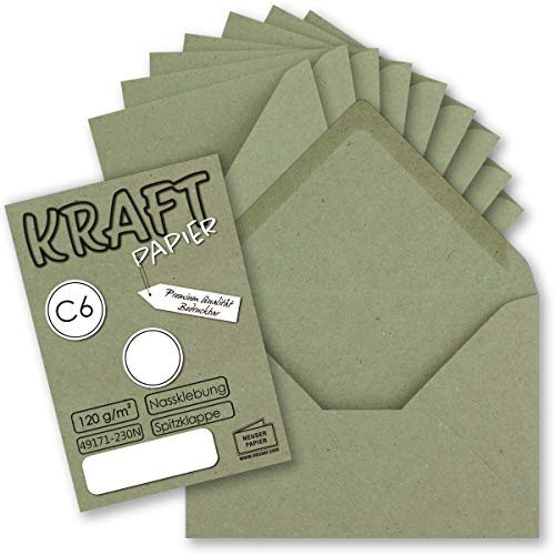 Neuser Paper 50 x kraftpapperskuvert, DIN C6, grön, 11,4 x 16,2 cm, utan fönster, vintage med våtstängning, spetsig flik