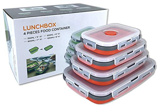 Beeptrum Collapsible Silicone Food Storage Container with Lid, Portable Lunch Bento Box Outdoor Picnic Box Space Saving, Microwave, Dishwasher and Freezer Safe, Set of 4(Red)