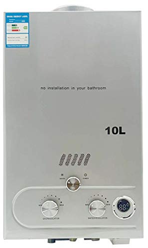 TABODD 10L LPG Propane Gas Water Heater, 2.64GPM Portable Tankless Instant Hot Water Heater Boiler Burner with Stainless Steel Shower Head Kit for Small Homes RV's Sailboats Cabins Camping, Silver