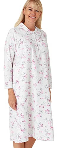 Marlon Womens Candace Cosy Brushed Cotton Printed Nightgown With Collar, Tilly Fuchsia, 16-18