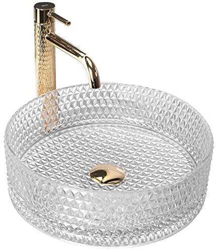 Rea Aufsatzwaschbecken Cristal Transparent Waschtisch Handwaschbecken Spülbecken Waschschale Waschbecken für Badezimmer aus hochwertiger Keramik 355 mm x 355 mm x 115 mm (transparent)