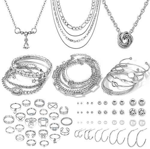 IFKM Silver Jewelry Set For Women With Chokers Pendant Necklaces, Layered Link Bracelets Bangle, Stackable Knuckle Rings, Stud And Hoop Earrings Dainty Elegant Cute Valentine Anniversary Birthday Friendship Gift