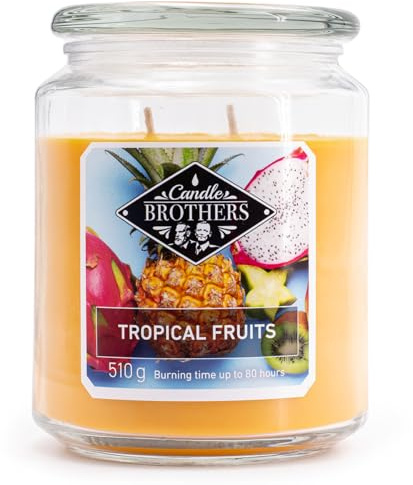 Candle Brothers Vela aromática grande en tarro de cristal, frutas tropicales, vela aromática afrutada, larga duración (80 h), vela con varias mechas, velas amarillas