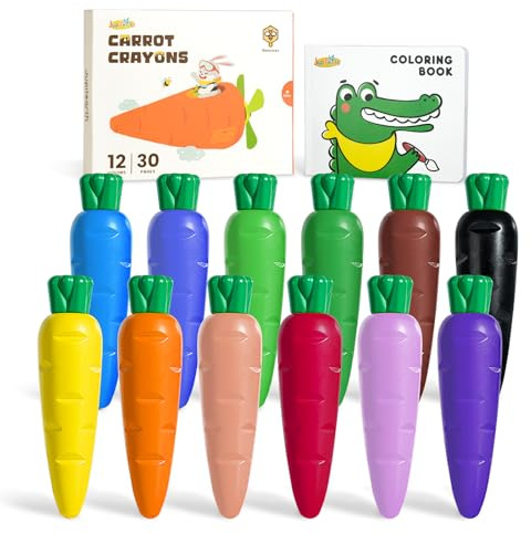 JUPITEARTH Carrot Crayons for Kids 12 Colors, Non Toxic Beeswax Crayons for Toddlers 1-3 with 30-Page Coloring Book & Stickers & 120 PDF Pages, Mess-Free Coloring for Kids Art Supplies Gift