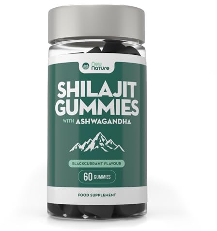 Gommose di Shilajit con Ashwagandha & Gusto Ribes Nero - 60 Gommose Vegane con Vitamina B6, B12 & Zinco - Energia & Supporto Immunitario, Shilajit Himalayano per Uomini & Donne