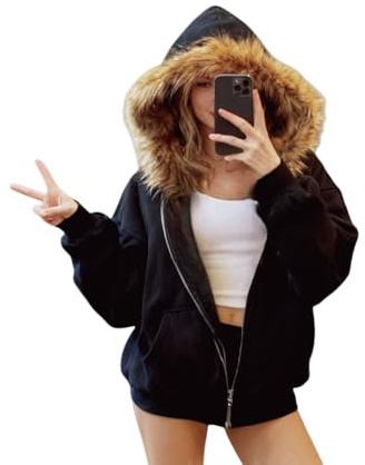 Y2k Zip Up Hoodie Fur Jackets Winter Coats Teen Emo Grunge 2000s Clothes Vintage Streetwear Women