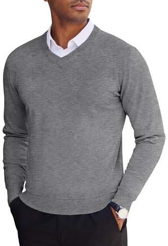COOFANDY Maglioni per Uomo Pullover a Maglia Maglione da Lavoro Felpa Uomo Firmata Maglioncino a Maniche Lunghe Pullover Scollo a V Top Casual Grigio Chiaro S