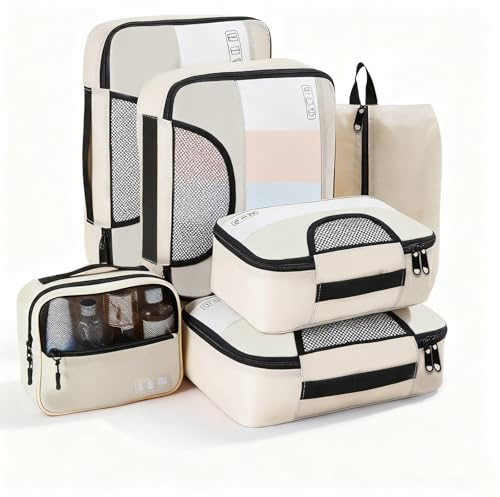 6PCS Travel Packing Organiser Set, Clear EVA Packing Cube for Suitcase,Visible Luggage Organiser Bag for Backpack, Ultralight Oxford Fabric Packing Cube for Home/Vacation/Camping/Essentials-Off White