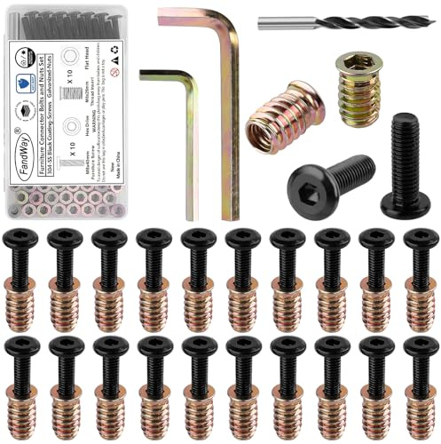FandWay 10 Sets M8x40mm Furniture Screw Nut,M8x25mm Threaded Inserts for Wood,Connector Bolts and Nuts Set,Flat Head Allen Screw-in Nuts,Hex Socket Drive with Wrenches.