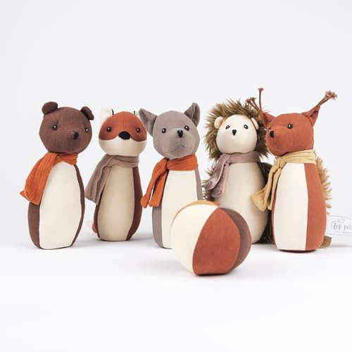 Egmont Toys Jeu de bowling « Animaux de la forêt » - Jeu de quilles en coton pour enfants - 5 cônes d'animaux et balle - Jouet de motricité pour tous les âges - Jeu éducatif pour l'intérieur et