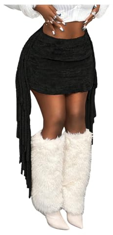 Floerns Women's Fuzzy Fringe Trim Mini Skirt Club Rave Outfit Party Bodycon Skirt Black Medium