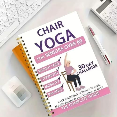Chair Yoga for Seniors Over 60 Book & Chart, Chair Yoga for Weight Loss & Toning, 30-Day Challenge, Exercise Book for Seniors Over 60 (Pink)