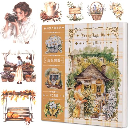 Bullet Journal Sticker Set für Erwachsene, 50 Blatt Washi Aufkleber mit über 400 Designs, Blumen & Natur Motiven, Scrapbooking Sticker, Planner Sticker, Junk Journal Zubehör im Cottagecore Stil