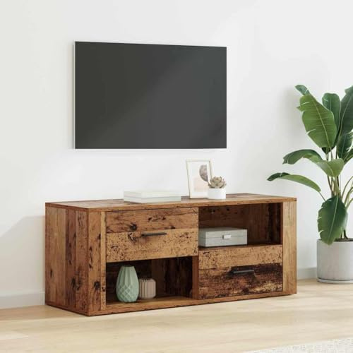 Wynira Mueble de TV de madera recuperada 100 x 35 x 40 cm con cajón, espacio de almacenamiento, consola de medios y gestión de cables, para salón, dormitorio, juegos y cine en casa