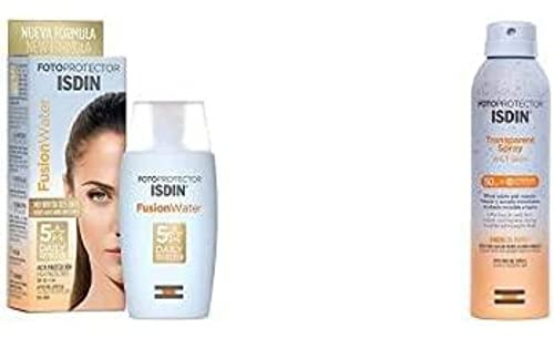 ISDIN Fusion Water Fotoprotector Facial SPF 50, de Fase Acuosa para Uso Diario, Textura Ultra Ligera + Fotoprotector ISDIN Transparent Wet Skin SPF 50, Spray transparente, Ginger Cell Protect 250 ml