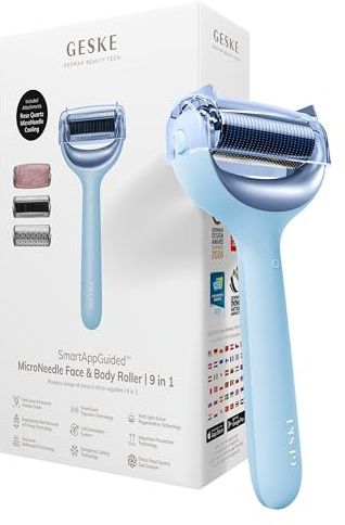GESKE | SmartAppGuided™ MicroNeedle Face & Body Roller | 9 in 1 | Derma Roller | mit Rosenquartz- & Kühlaufsatz | Elektrisches Microneedling-Gerät | Nadelroller | Beauty Roller für Gesicht und Körper