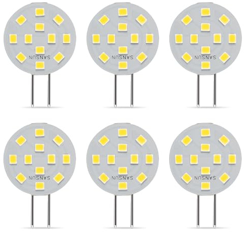 SANSUN Lampadine LED G4 2W equivalenti a 20W alogene, G4/GU4/GZ4 Bi-Pin Base, AC/DC12V 3000K 120° grandangolo, non dimmerabile (bianco freddo, confezione da 6)