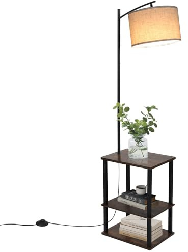 YU YUSING Lampadaire Salon avec Table d'appoint, Lampe sur Pied Chambre Multifonction 3 Étagères en Bois, Abat-Jour Réglable en Lin Beige, Lampe Lecture Douille E26, Rangement Bureau (Sans Ampoule)