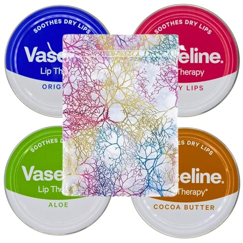 Lip Balm 4 X 20g (Rosy Lips, Cocoa Butter, Aloe, Original) Lip Balm Set Bundle with Glameno Drawstring Organza Bag