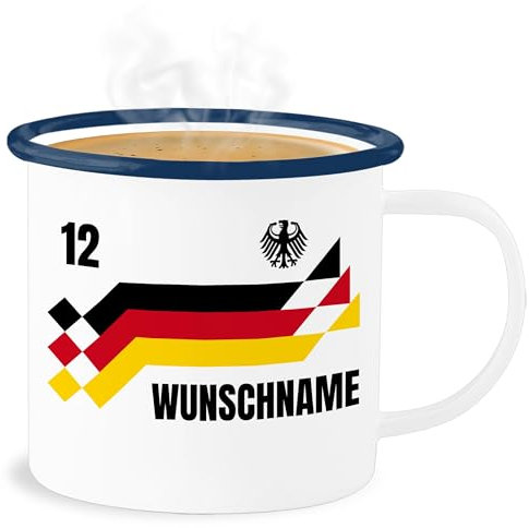 Emaille Becher Blechbecher - 2024 Fussball EM Fanartikel - Deutschland Trikot mit Name und Nummer Germany - 300 ml - Weiß Blau - fußball german wm 24 deutsche europameisterschaft deutscher