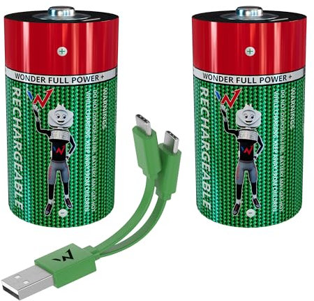 Wonder Full Energy – Pilas D-LR20 – Recargables a través de USB-C – Cable USB-C Incluido – Larga duración – 1,5 V, 6000 mWh, 3600 mAh – Pack de 2 Pilas