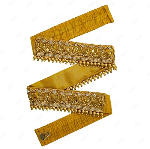 VAMA Cinturón de tela de bordado tradicional ajustable para sari elástico Kamarpatta Kamardhani Kamarband Kamarbandh Kamar ka Patta Patti Tagdi para mujeres y niñas, Kamarbandh dorado, 30-40 Inches