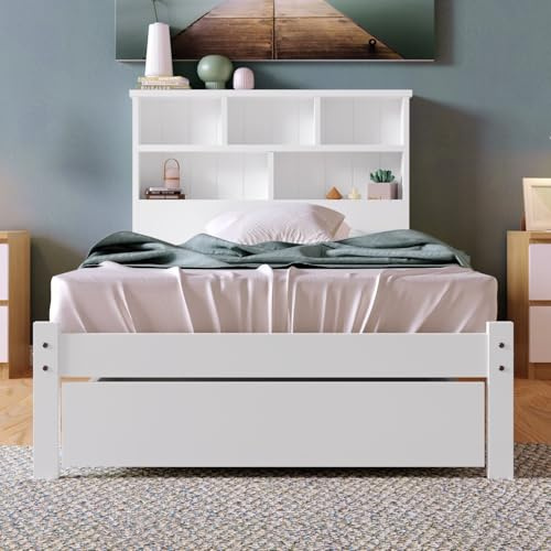 TIZZ Letto singolo in legno massello con cassetti e rete a doghe, libreria per ragazzi e adulti, bianco (90 x 200 cm)