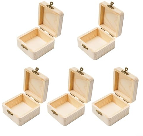 Puupaa Set di 5 scatole portaoggetti in legno rettangolari per bigiotteria, cartoline, piccoli oggetti, finitura in legno naturale, scatole fai da te, 8 x 8 x 4,5 cm