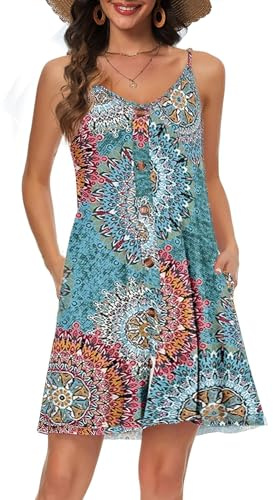Koerye Vestido de Playa Traje de Baño Vestido Sin Mangas Informal con Cuello en V Correa de Espagueti de Verano Vestidos Bikini Cover Up Verano(BLU,XL)