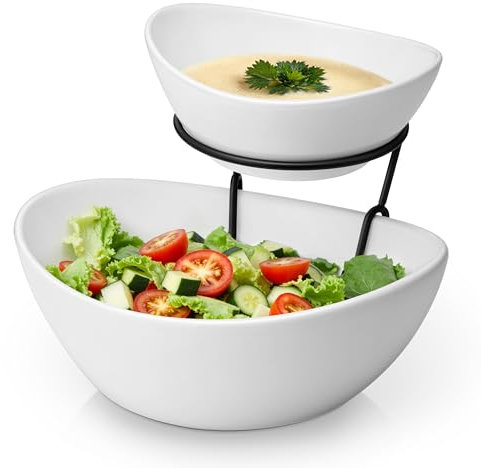 MALACASA Présentoir à fruits 2 Etages en Céramique,1800ml + 600ml Porte Fruits avec Support en Métal, Corbeille a Fruits avec 2 Bols de Fruits Pour les Chips, Biscuits, Desserts (Blanc)