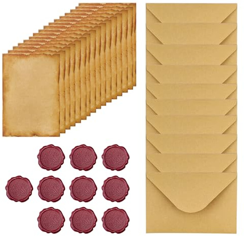 Vintage brevpapper med kuvertset, kraftpapper kuvert med 16 A5 gammalt papper, 10 vintagepapper, kuvert, 10 vaxsigillklistermärken för bröllop, inbjudan gratulationskort