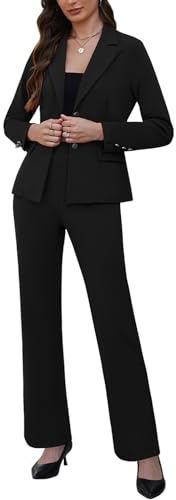 Women's 2 Piece Suits Business Casual Long Sleeve Solid Outfits Professional Blazer with Straight Leg Pants Office Sets Black