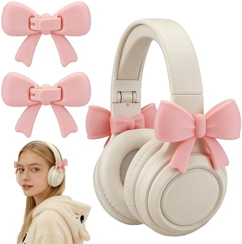 3D Bows Decor for Headphones, 2 Pack Headphone Accessories Cute, Playful Silicone Headphone Accessory, Bow for Headphones Clip Decor Attachment for Women (Pink)