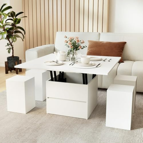 COSTWAY Soffbord höjdjusterbart med 4 pallar, vardagsrumsbord fällbart med dolt fack och låda, 3-i-1 soffbord som kan omvandlas till matbord, soffbord 100 x 50 x 44 cm (vit)