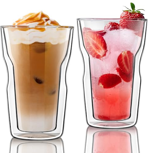 Joeyan 500ml Vasos Doble Pared, Tazas de Cristal Borosilicato Juego de 2 | Grandes Tazas Térmicos Aislados Altos, Vidrio Grueso Mug para Latte Macchiato,Cerveza,Limonada,Té,Bebidas Calientes y Frías