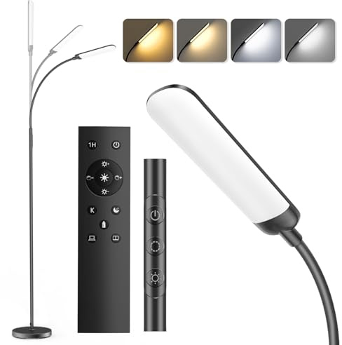 Lampada da Terra LED 18W 1200LM con Telecomando - 4 Tonalità di Colore & 4 Livelli Luminosità Regolabile - Piantana da Lettura per Soggiorno, Camera da Letto, Ufficio