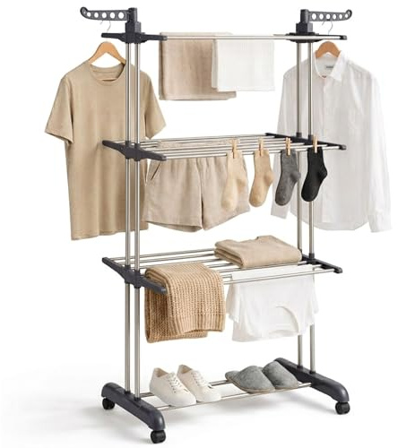 edihome, Stendino Verticale, Stendibiancheria Pieghevole 4 Livelli Con Ali Laterali, 35 Kg Acciaio Inox Con Ruote Salvaspazio Per Interno Ed Esterno (Grigio)
