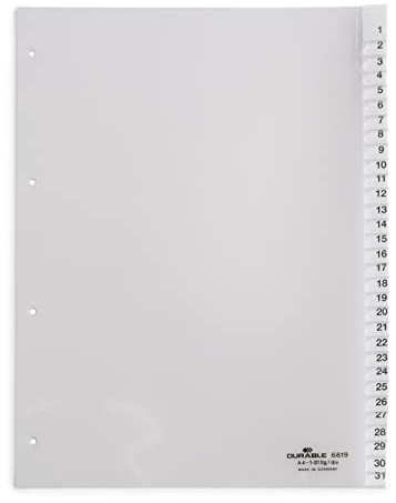 Durable Zahlenregister aus Kunststoff, A4 hoch, volldeckend, 1-31, transparent, 681919