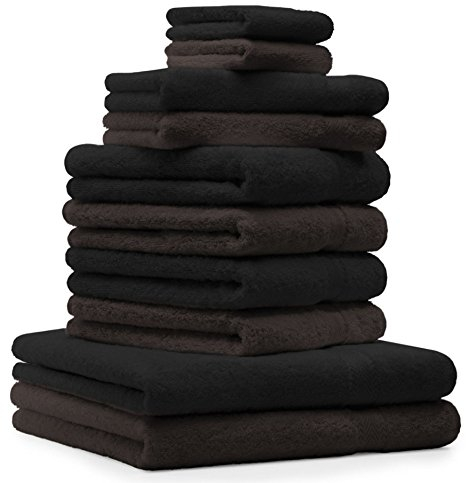 Betz 10-TLG. Handtuch-Set Premium 100% Baumwolle 2 Duschtücher 4 Handtücher 2 Gästetücher 2 Waschhandschuhe Farbe Dunkel Braun & Schwarz